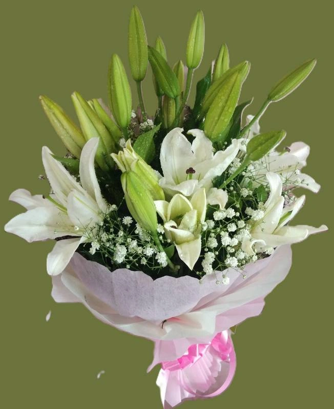 White Blooming Lilies Hand Bouquet Rs 1779