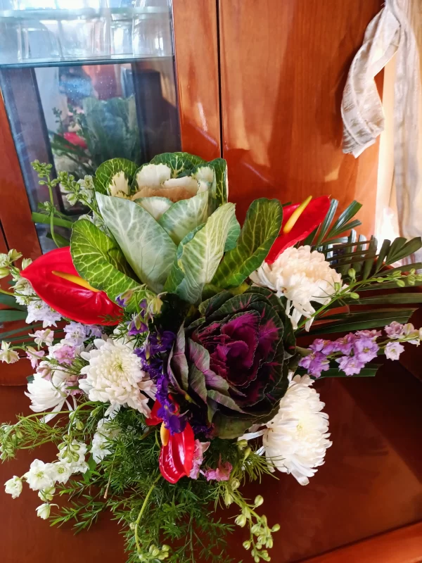 Artistic Ornamental Cabbage & Anthurium Arrangement