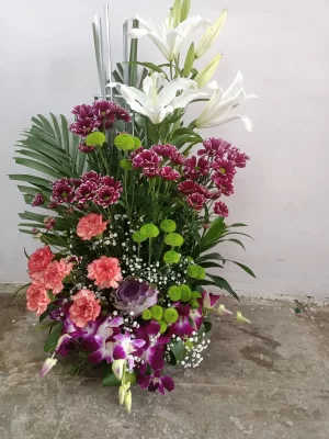 Elegant White Lily and Orchid Fresh Flower Basket