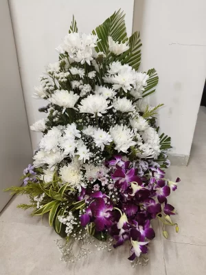 Elegant White & Purple Sympathy Floral Stand