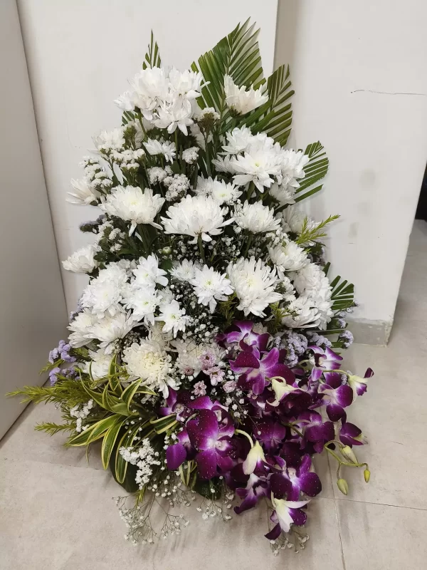 Elegant White & Purple Sympathy Floral Stand