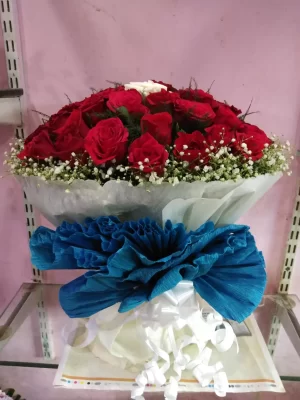 Royal Red & White Rose Bouquet with Blue Bow
