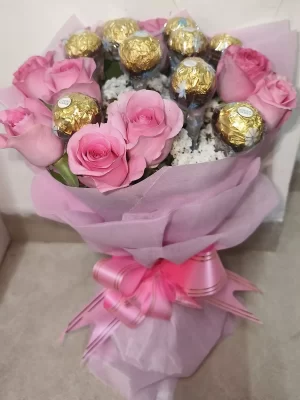 Pink Roses & Ferrero Rocher Chocolate Bouquet