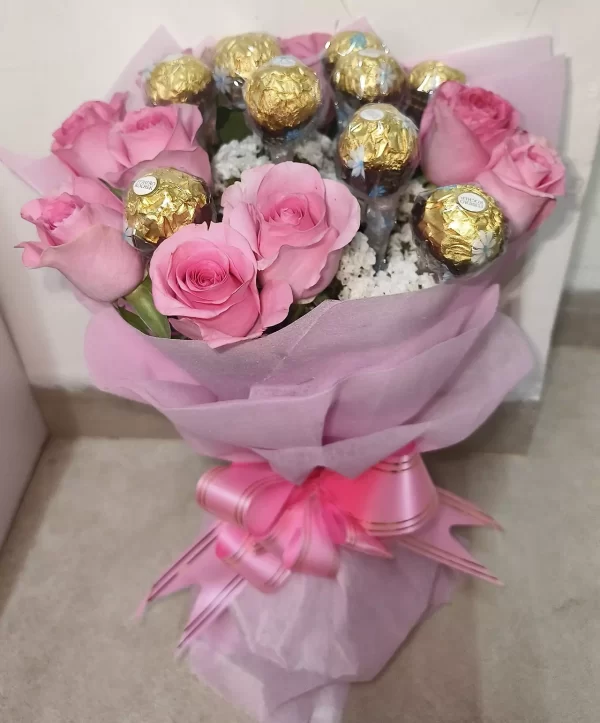 Pink Roses & Ferrero Rocher Chocolate Bouquet