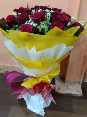 Premium Red Rose Bouquet with Yellow & White Wrap