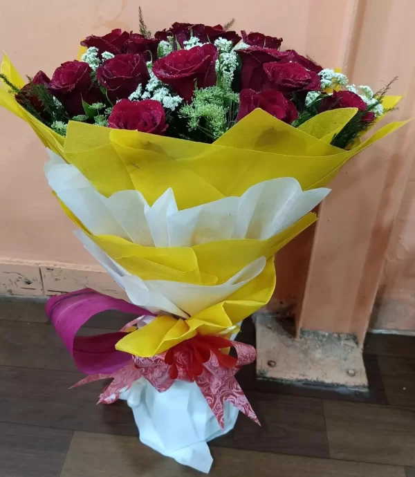 Premium Red Rose Bouquet with Yellow & White Wrap