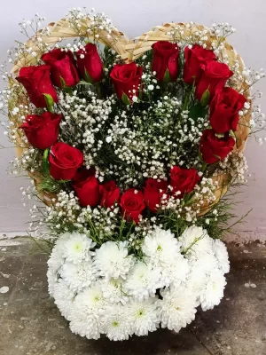 Heart Shape Red Roses and White Chrysanthemum Basket