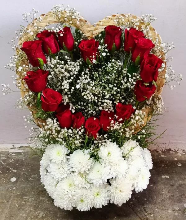 Heart Shape Red Roses and White Chrysanthemum Basket