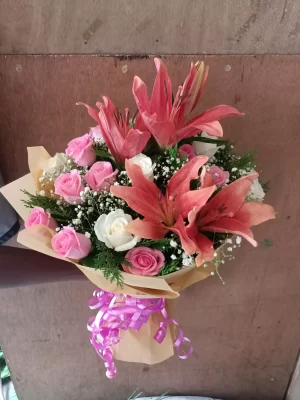 Pink Lilies and Roses Hand Bouquet